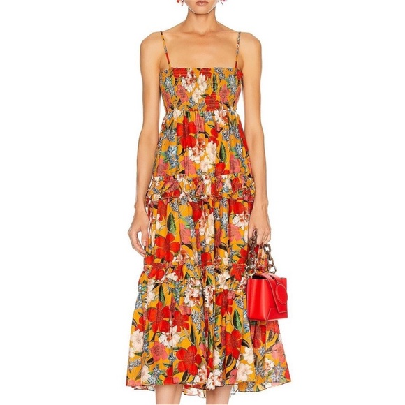 Nicholas Floral Printed Tiered Ruffle Smocked Prairie Sleeveless Midi Dress 16 - Picture 2 of 13